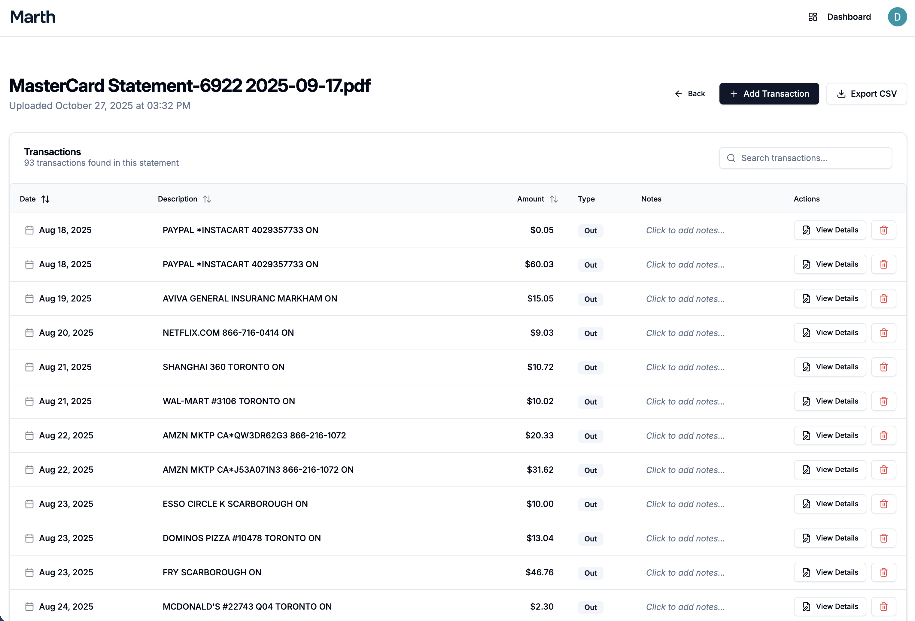 Parsed credit card statement screenshot