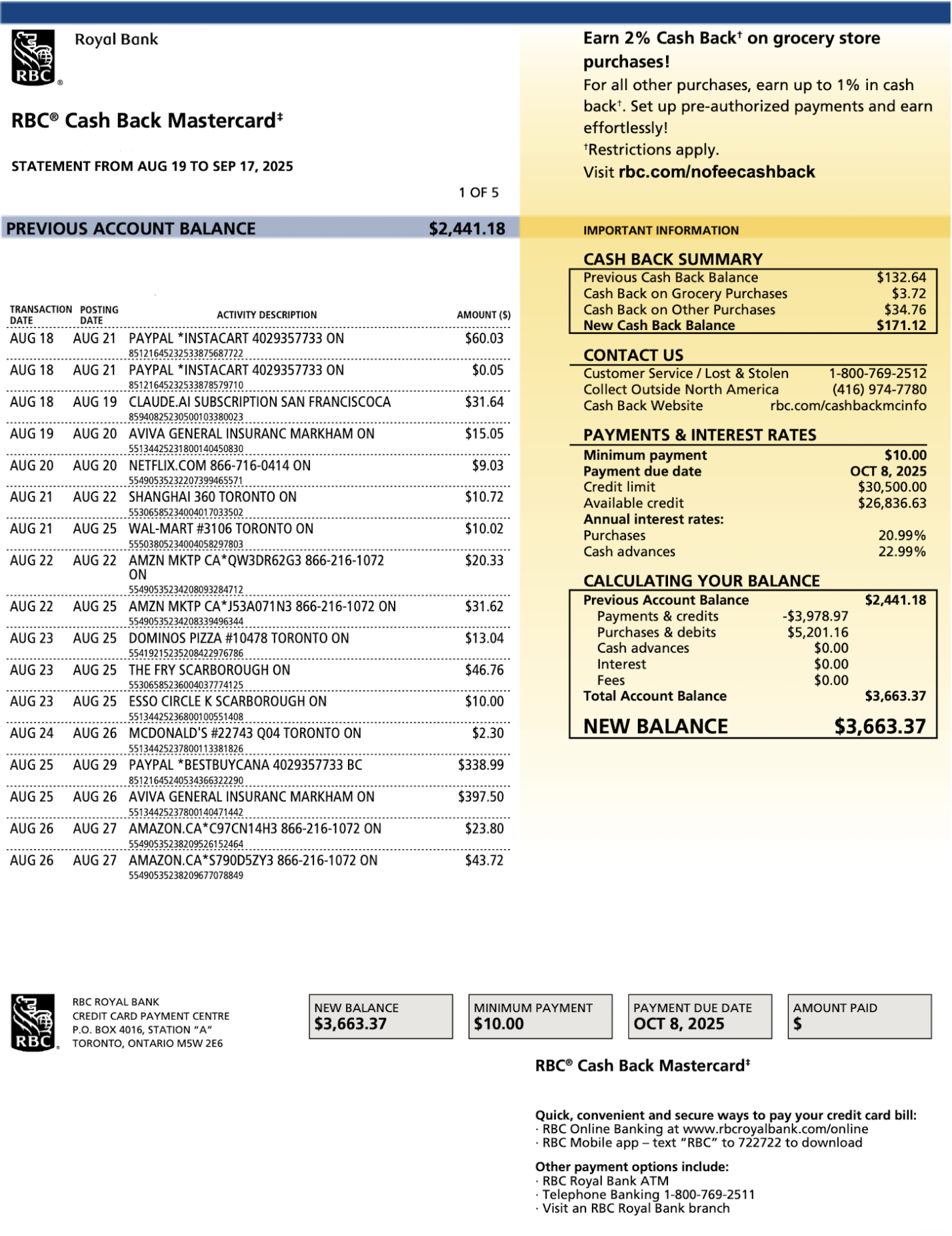 Credit card statement screenshot
