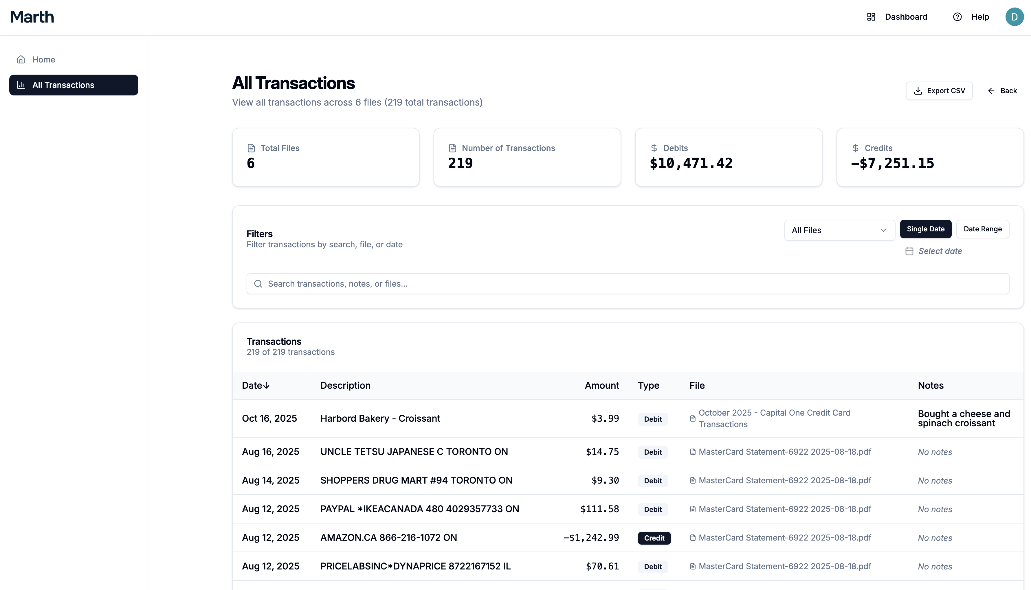 All transactions across all files